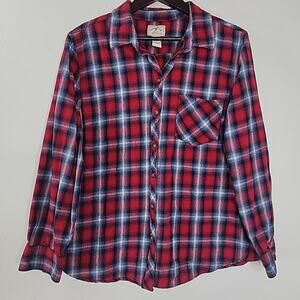 Blue Mountain Women’s 1X Flannel Shirt Red Blue White Plaid 100% Cotton EUC Plus